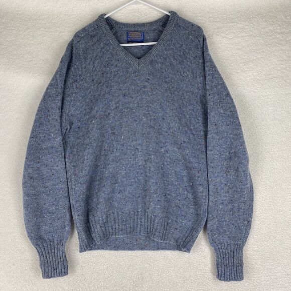 Vintage Pendleton Sweater Mens L Blue Speckled Wool V Neck Long Sleeve‎ *HOLE* - Picture 1 of 13